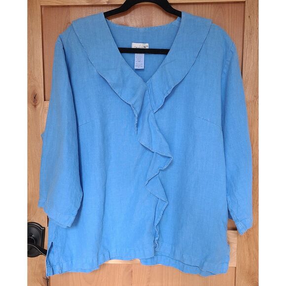 Vintage Mosaic 100% Linen XL Blue Blouse Flounce 3/4 Sleeve Minimalist Lagenlook - Picture 1 of 6